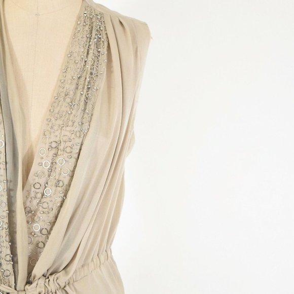 Robert Rodriguez Beige Beaded Silk Chiffon Tie-Waist Blouse - Picture 4 of 7